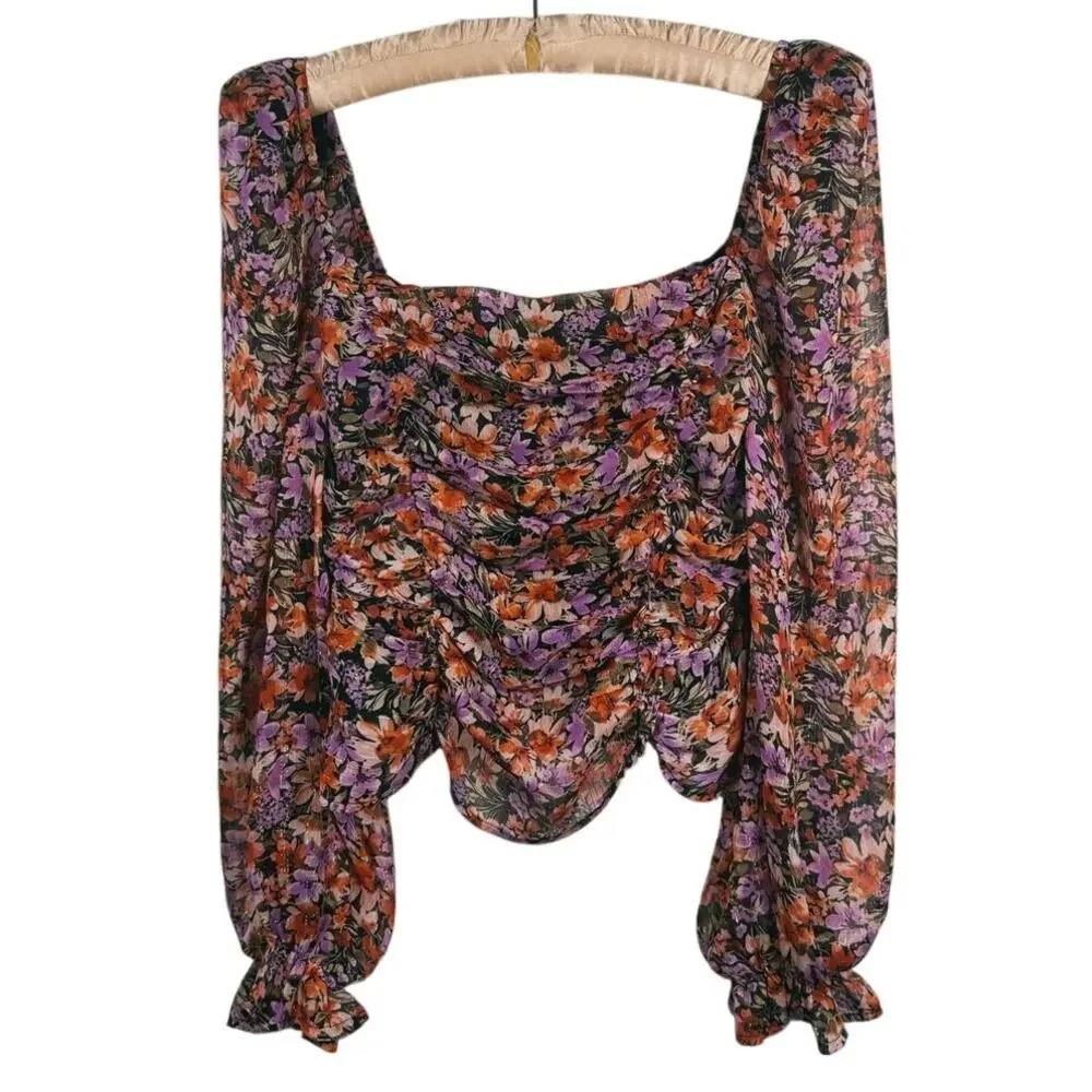 ASTR the Label Tonina Ruched Floral Puff Sleeve Blouse Size XL Cottage Romantic
